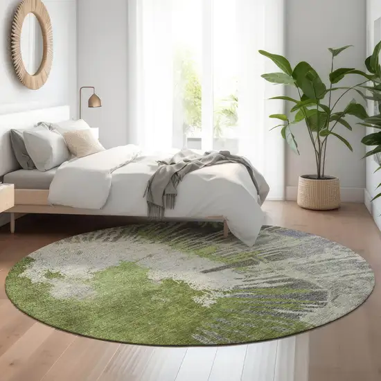8' Olive Green Ivory And Gray Abstract Washable Round Rug With UV Protection Photo 4