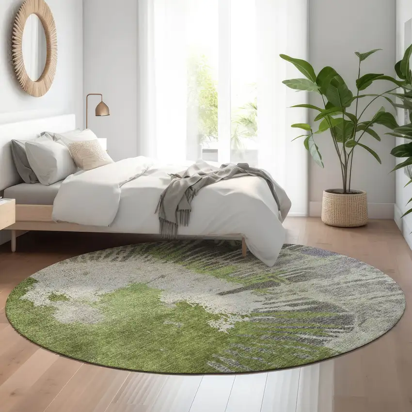 8' Olive Green Ivory And Gray Abstract Washable Round Rug With UV Protection Photo 4