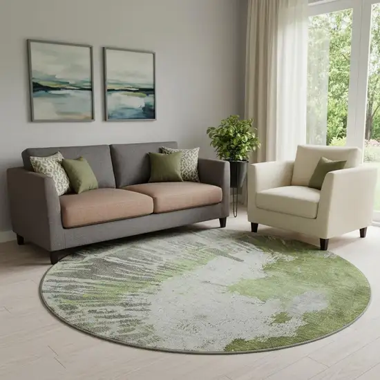 8' Olive Green Ivory And Gray Abstract Washable Round Rug With UV Protection Photo 1
