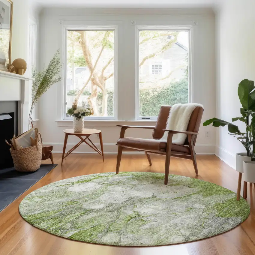 8' Olive Green Ivory And Gray Abstract Washable Round Rug With UV Protection Photo 4