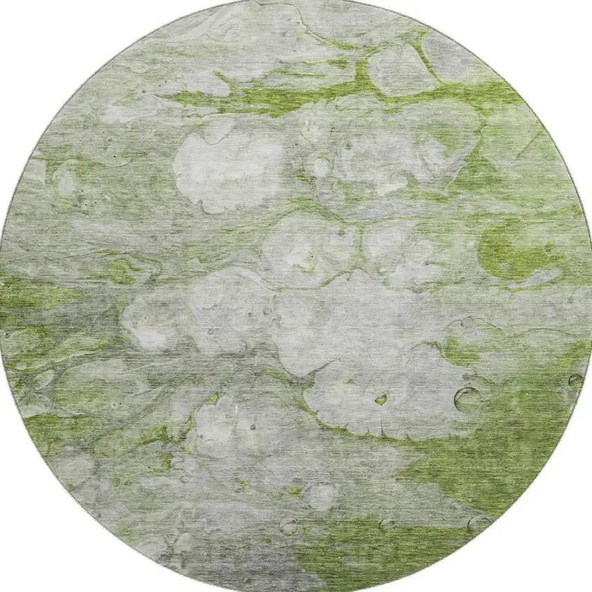 8' Olive Green Ivory And Gray Abstract Washable Round Rug With UV Protection Photo 2