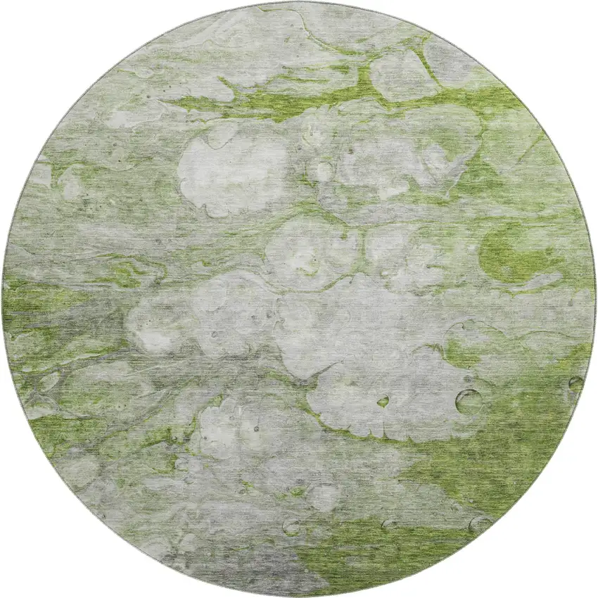 8' Olive Green Ivory And Gray Abstract Washable Round Rug With UV Protection Photo 1