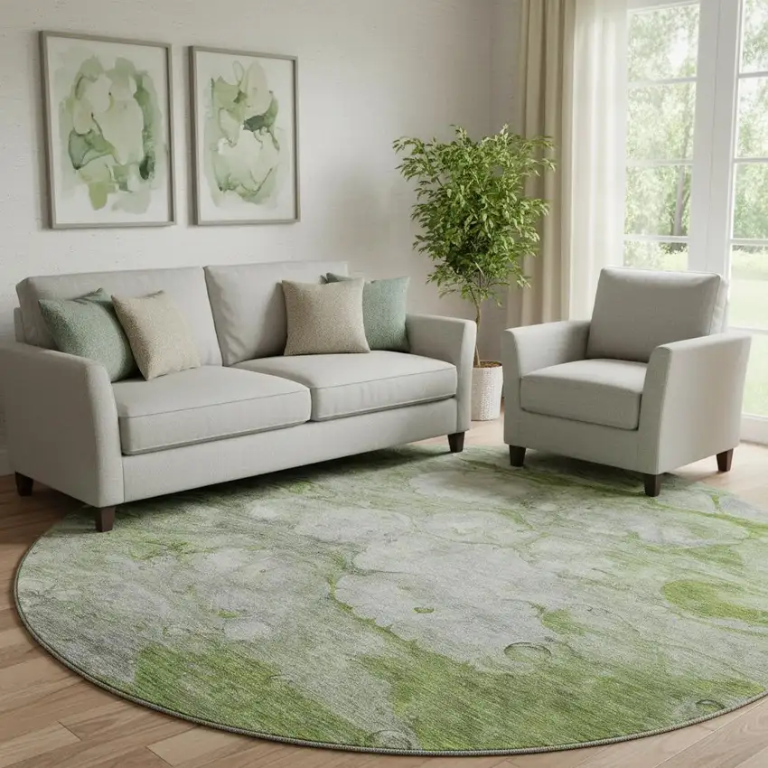 8' Olive Green Ivory And Gray Abstract Washable Round Rug With UV Protection Photo 1