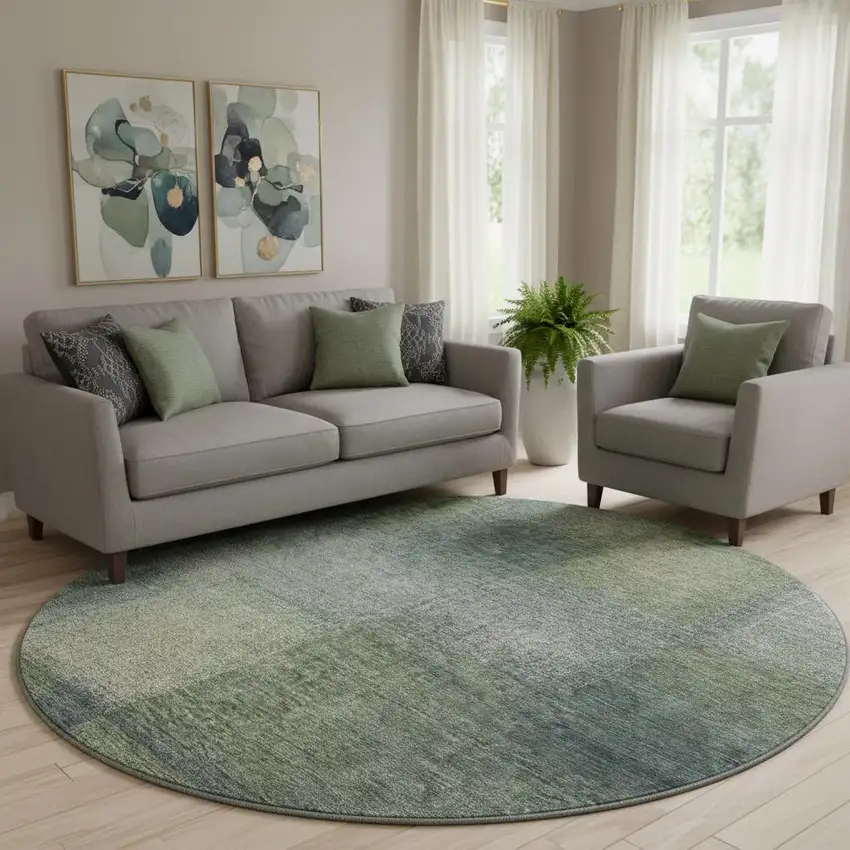 8' Olive Green Ivory And Gray Abstract Washable Round Rug With UV Protection Photo 1