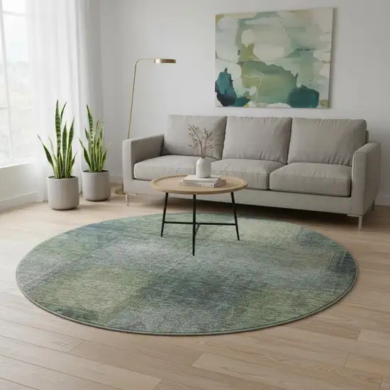 8' Olive Green Ivory And Gray Abstract Washable Round Rug With UV Protection Photo 2