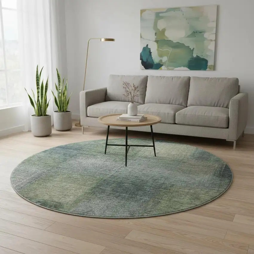 8' Olive Green Ivory And Gray Abstract Washable Round Rug With UV Protection Photo 2