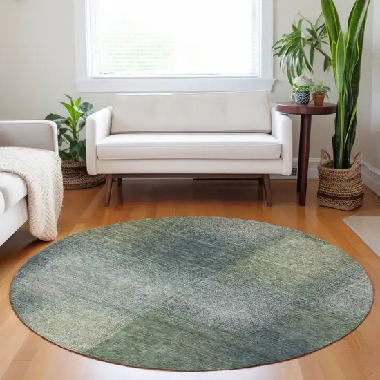 8' Olive Green Ivory And Gray Abstract Washable Round Rug With UV Protection Photo 5