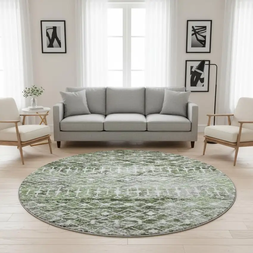 8' Olive Green Ivory And Gray Geometric Washable Round Rug With UV Protection Photo 2