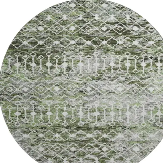 8' Olive Green Ivory And Gray Geometric Washable Round Rug With UV Protection Photo 3