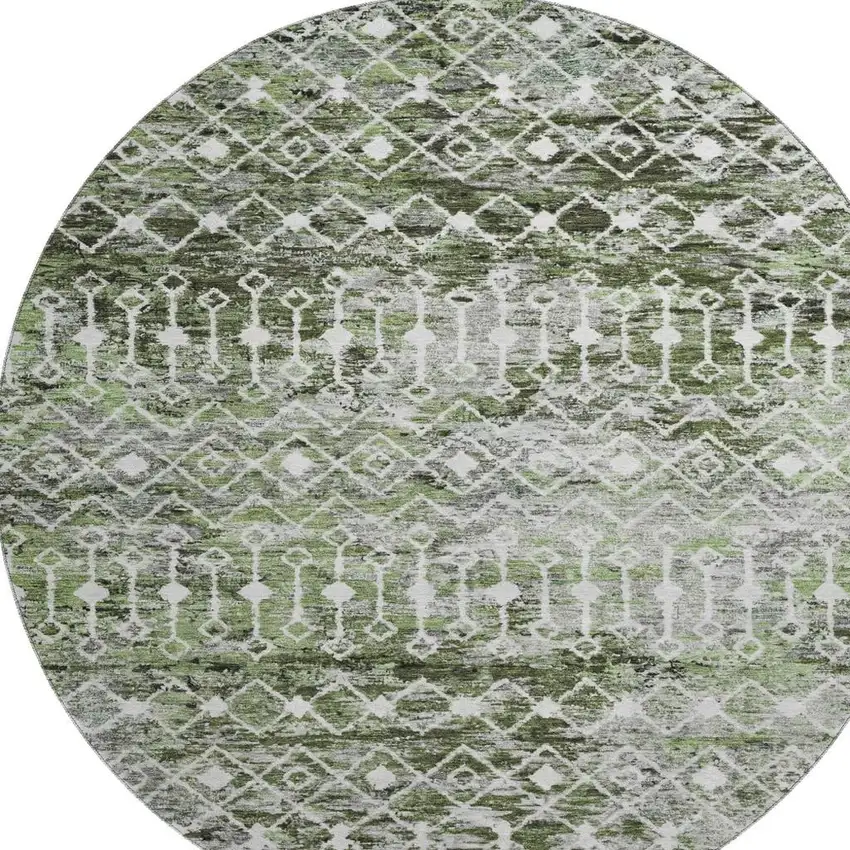 8' Olive Green Ivory And Gray Geometric Washable Round Rug With UV Protection Photo 3