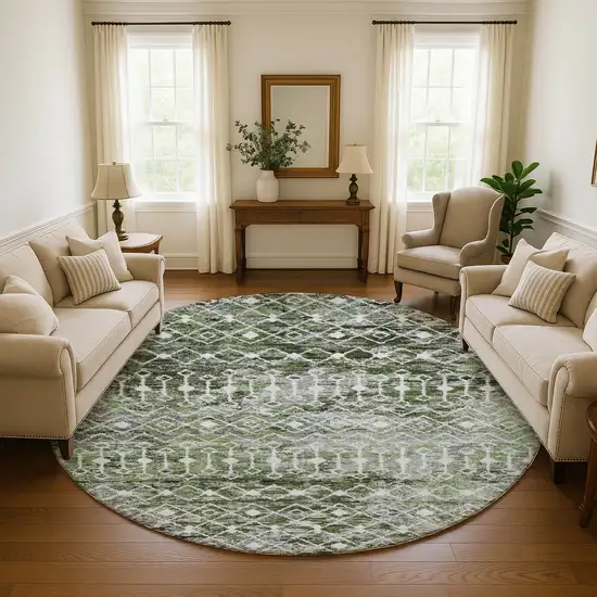 8' Olive Green Ivory And Gray Geometric Washable Round Rug With UV Protection Photo 4