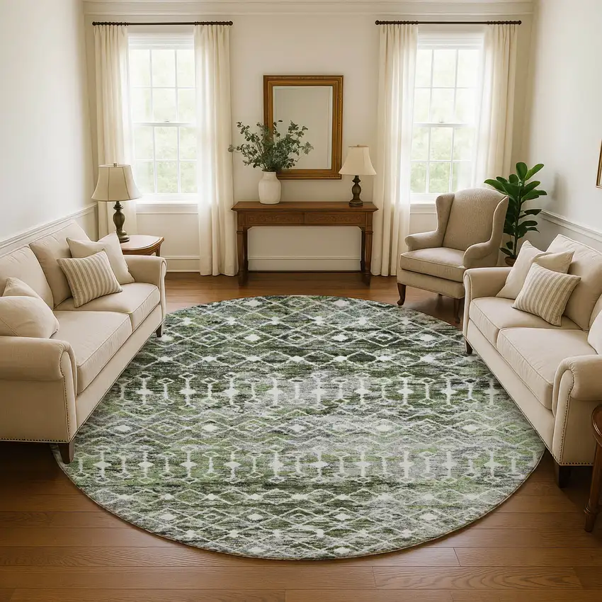 8' Olive Green Ivory And Gray Geometric Washable Round Rug With UV Protection Photo 4