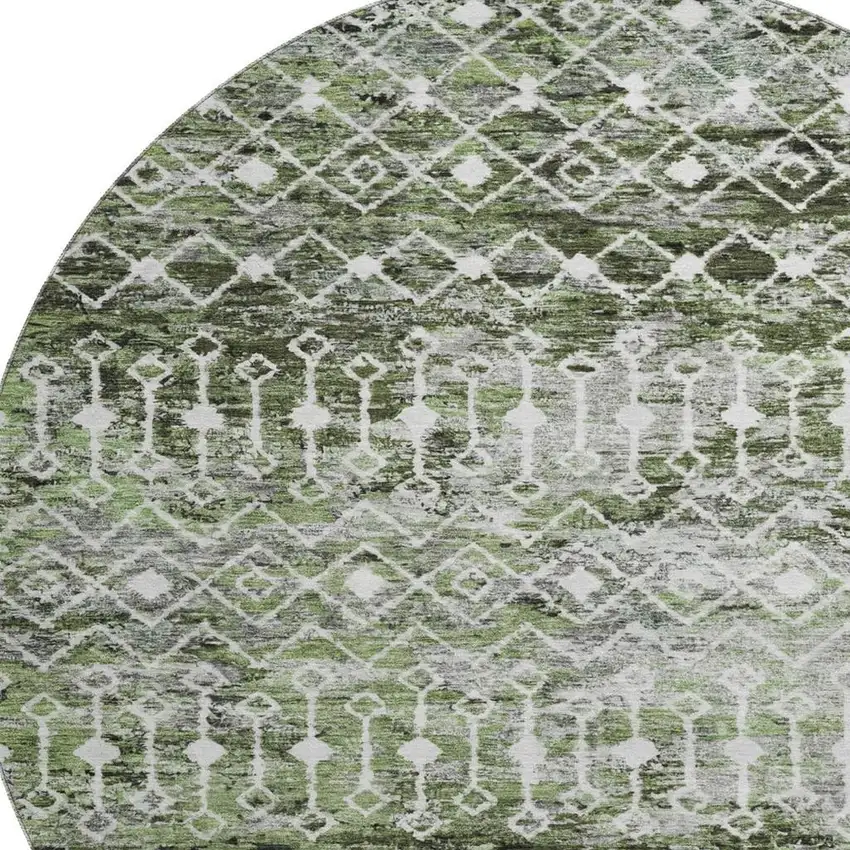 8' Olive Green Ivory And Gray Geometric Washable Round Rug With UV Protection Photo 2