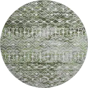 Photo of 8' Olive Green Ivory And Gray Geometric Washable Round Rug With UV Protection