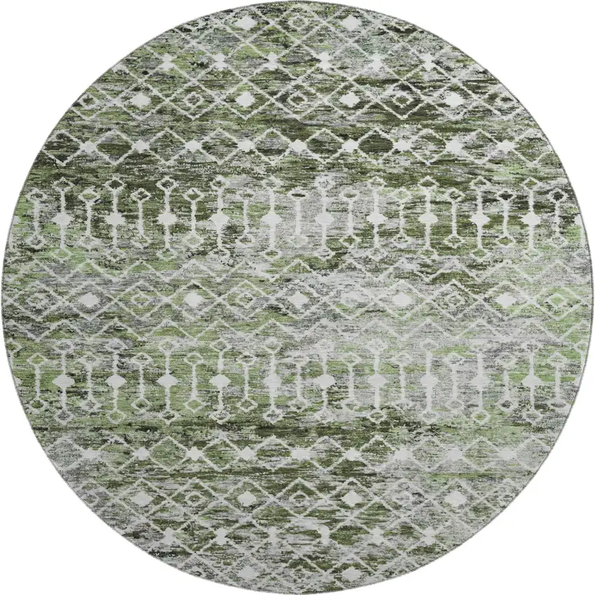 8' Olive Green Ivory And Gray Geometric Washable Round Rug With UV Protection Photo 1