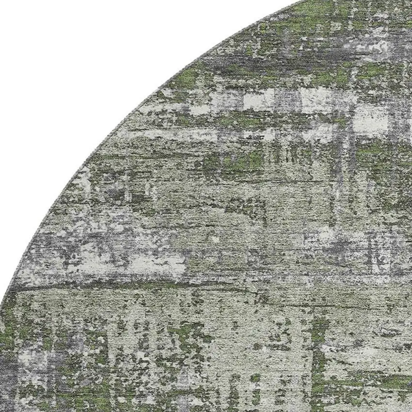 8' Olive Green Ivory And Gray Geometric Washable Round Rug With UV Protection Photo 3
