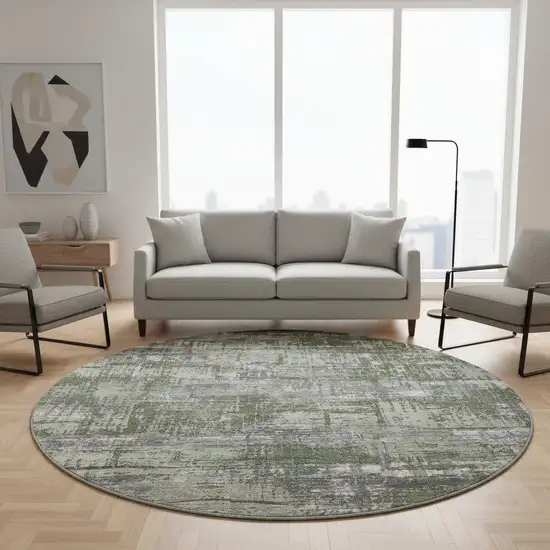 8' Olive Green Ivory And Gray Geometric Washable Round Rug With UV Protection Photo 2