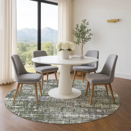 8' Olive Green Ivory And Gray Geometric Washable Round Rug With UV Protection Photo 5