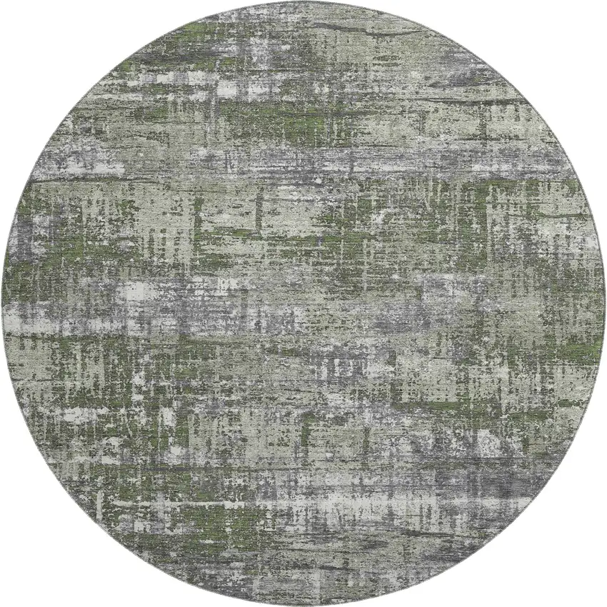 8' Olive Green Ivory And Gray Geometric Washable Round Rug With UV Protection Photo 1