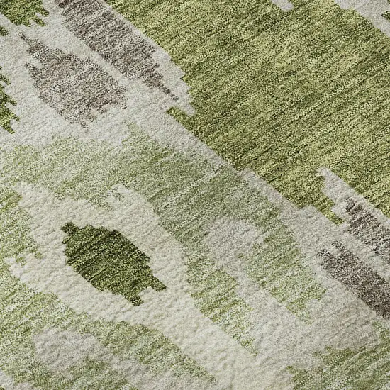 8' Olive Green Ivory And Gray Ikat Washable Round Rug With UV Protection Photo 9