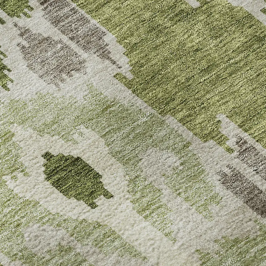 8' Olive Green Ivory And Gray Ikat Washable Round Rug With UV Protection Photo 9