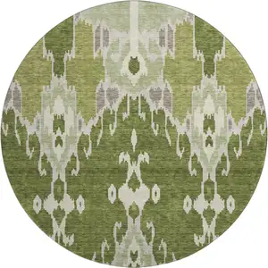 Photo of 8' Olive Green Ivory And Gray Ikat Washable Round Rug With UV Protection
