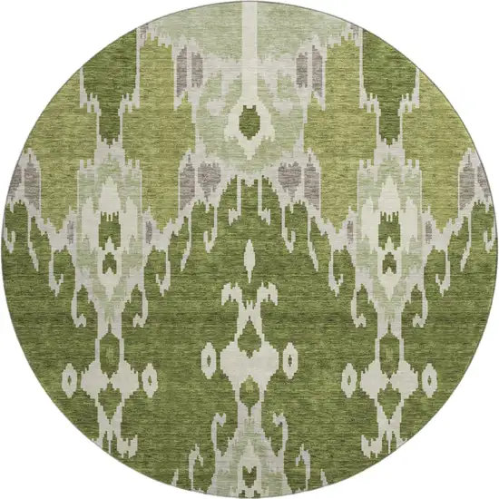 8' Olive Green Ivory And Gray Ikat Washable Round Rug With UV Protection Photo 1