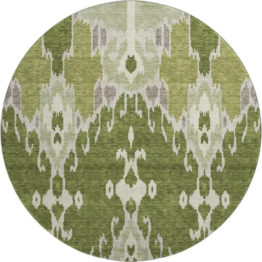 8' Olive Green Ivory And Gray Ikat Washable Round Rug With UV Protection Photo 1