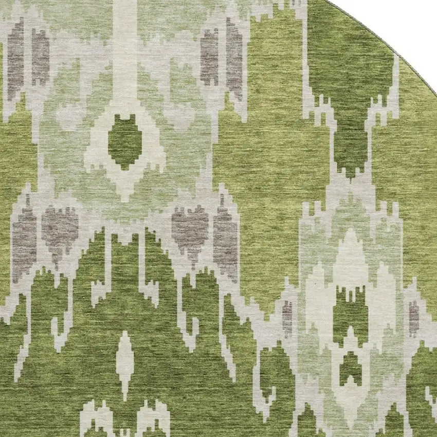 8' Olive Green Ivory And Gray Ikat Washable Round Rug With UV Protection Photo 3