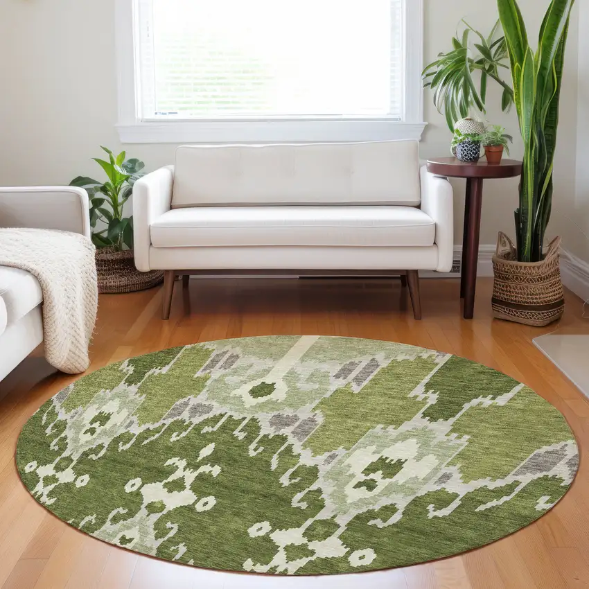 8' Olive Green Ivory And Gray Ikat Washable Round Rug With UV Protection Photo 5