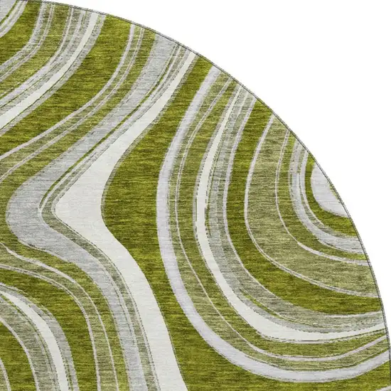 8' Olive Green Ivory And Gray Marble Washable Round Rug With UV Protection Photo 4