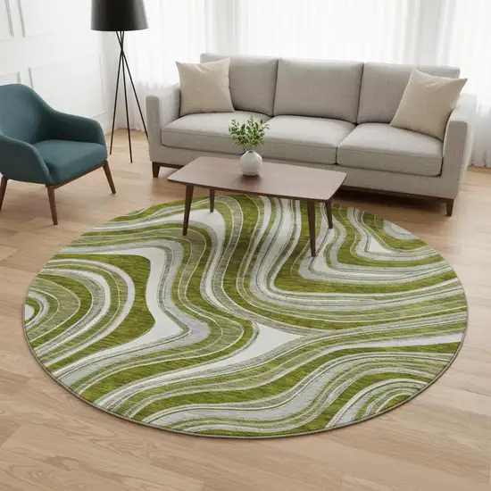 8' Olive Green Ivory And Gray Marble Washable Round Rug With UV Protection Photo 2