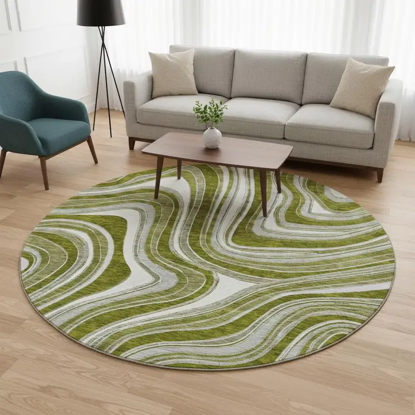 8' Olive Green Ivory And Gray Marble Washable Round Rug With UV Protection Photo 2