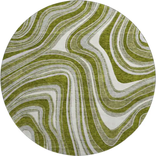 8' Olive Green Ivory And Gray Marble Washable Round Rug With UV Protection Photo 1