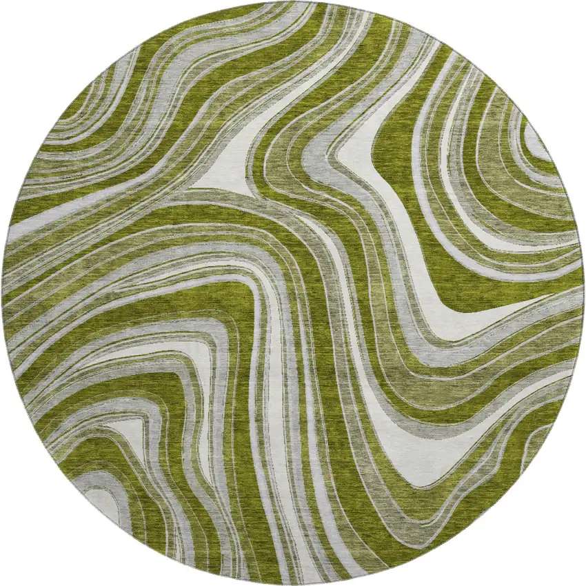 8' Olive Green Ivory And Gray Marble Washable Round Rug With UV Protection Photo 1