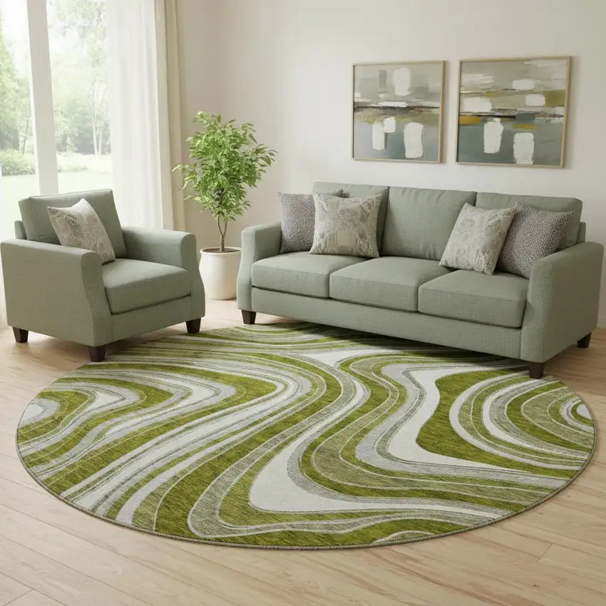 8' Olive Green Ivory And Gray Marble Washable Round Rug With UV Protection Photo 1