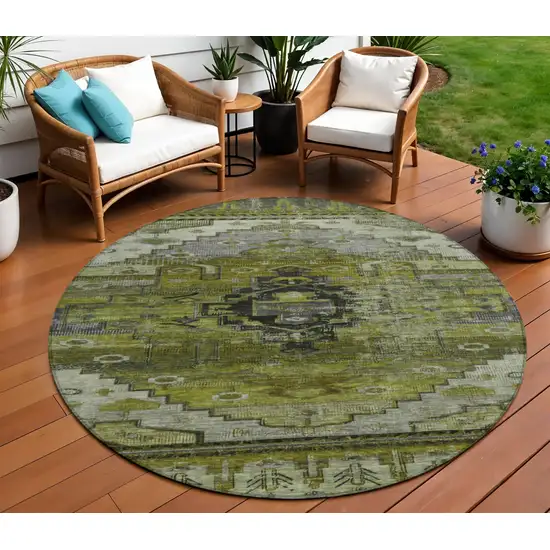 8' Olive Green Ivory And Gray Round Tribal Washable Indoor Outdoor Area Rug Photo 2