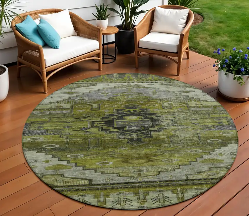 8' Olive Green Ivory And Gray Round Tribal Washable Indoor Outdoor Area Rug Photo 2