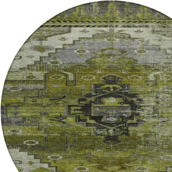 8' Olive Green Ivory And Gray Round Tribal Washable Indoor Outdoor Area Rug Photo 9