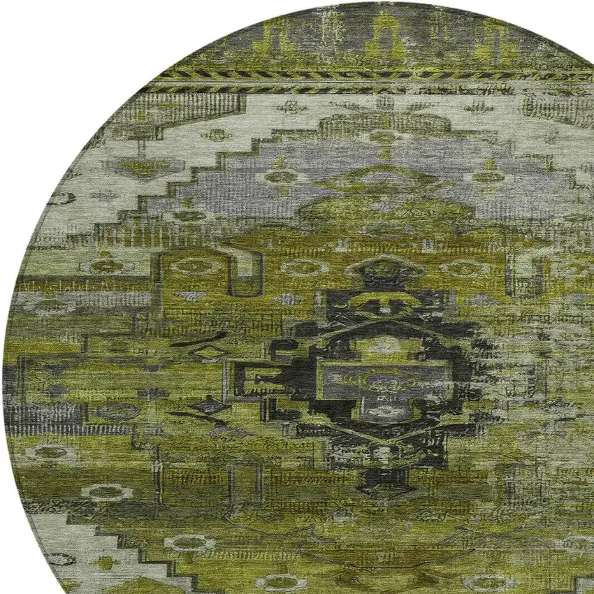 8' Olive Green Ivory And Gray Round Tribal Washable Indoor Outdoor Area Rug Photo 9