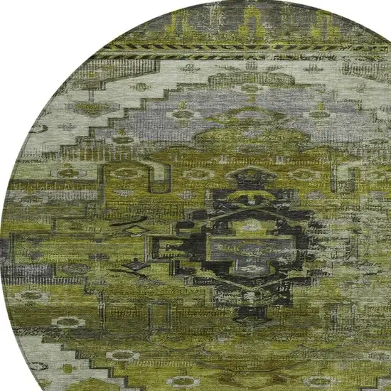 8' Olive Green Ivory And Gray Round Tribal Washable Indoor Outdoor Area Rug Photo 4