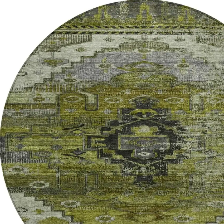 8' Olive Green Ivory And Gray Round Tribal Washable Indoor Outdoor Area Rug Photo 4