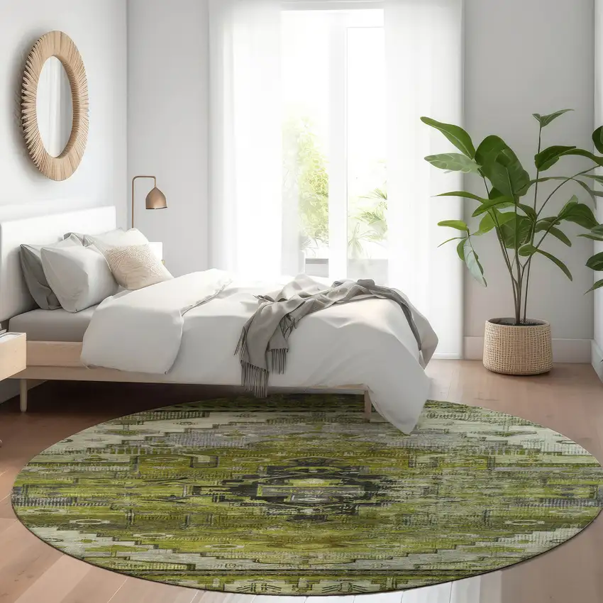 8' Olive Green Ivory And Gray Round Tribal Washable Indoor Outdoor Area Rug Photo 7