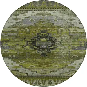 Photo of 8' Olive Green Ivory And Gray Round Tribal Washable Indoor Outdoor Area Rug