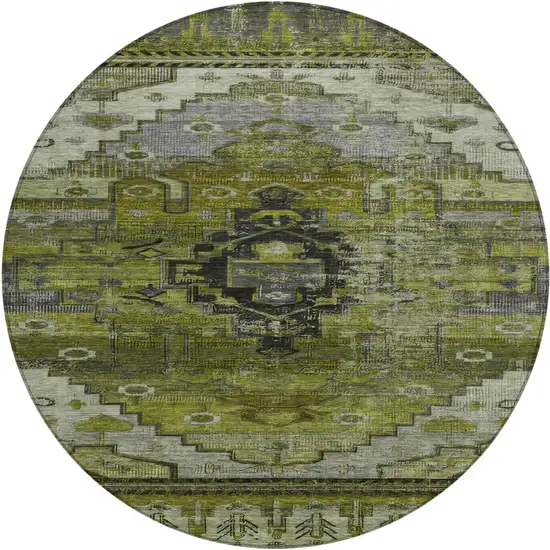 8' Olive Green Ivory And Gray Round Tribal Washable Indoor Outdoor Area Rug Photo 1