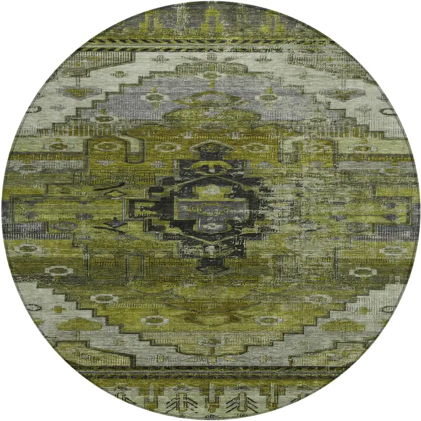8' Olive Green Ivory And Gray Round Tribal Washable Indoor Outdoor Area Rug Photo 1