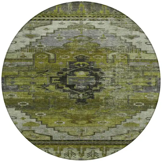 8' Olive Green Ivory And Gray Round Tribal Washable Indoor Outdoor Area Rug Photo 3