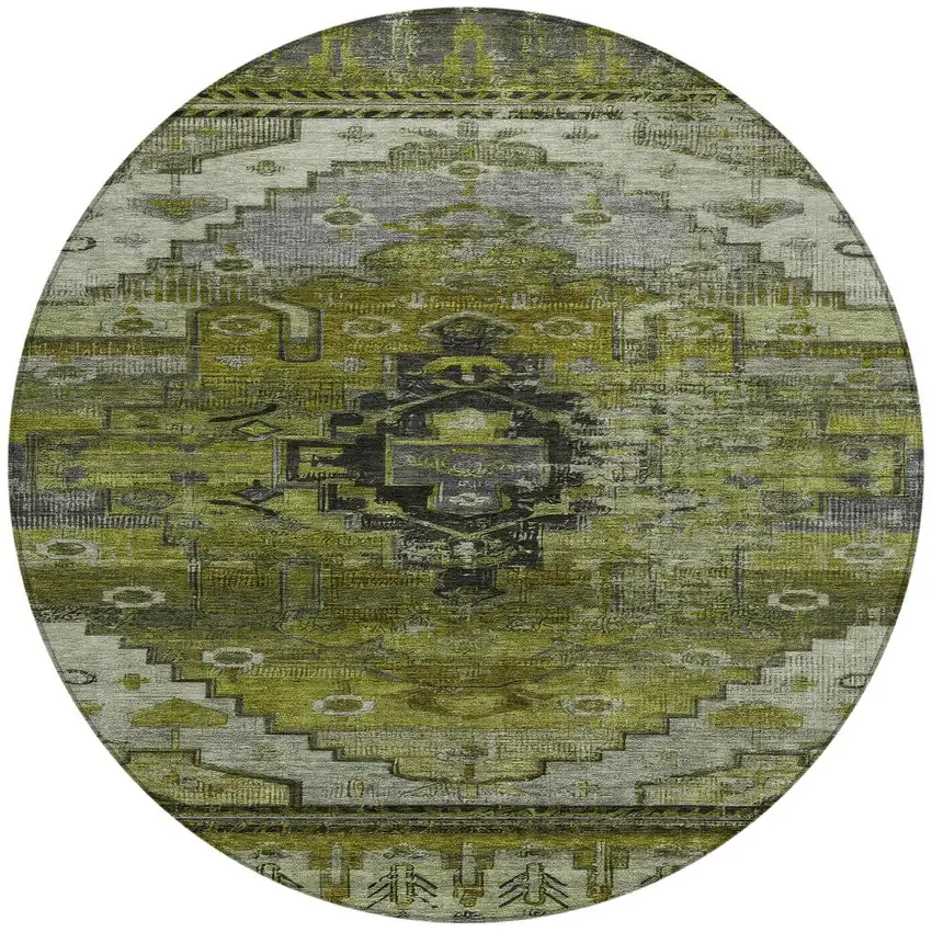 8' Olive Green Ivory And Gray Round Tribal Washable Indoor Outdoor Area Rug Photo 3