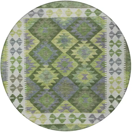 8' Olive Green Ivory And Gray Round Tribal Washable Indoor Outdoor Area Rug Photo 4