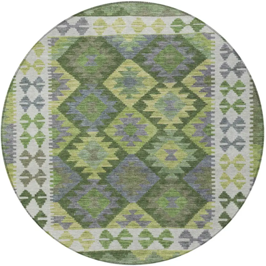 8' Olive Green Ivory And Gray Round Tribal Washable Indoor Outdoor Area Rug Photo 4